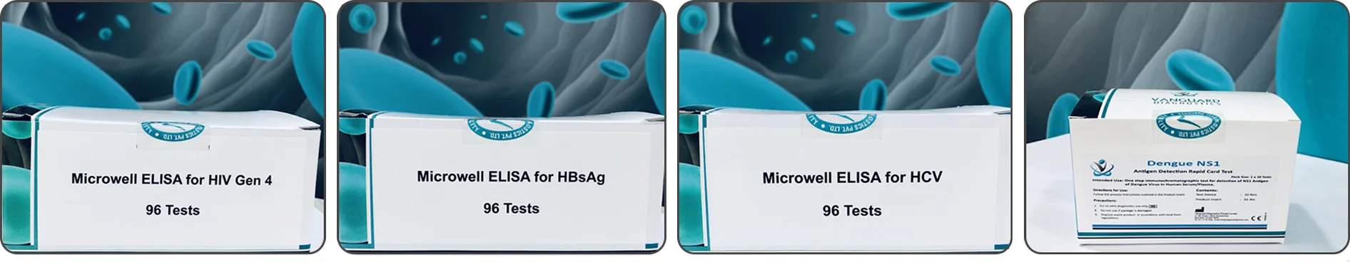 Microwell ELISA products – HIV Gen 4, HBsAg, HCV and Dengue NS1 rapid card test